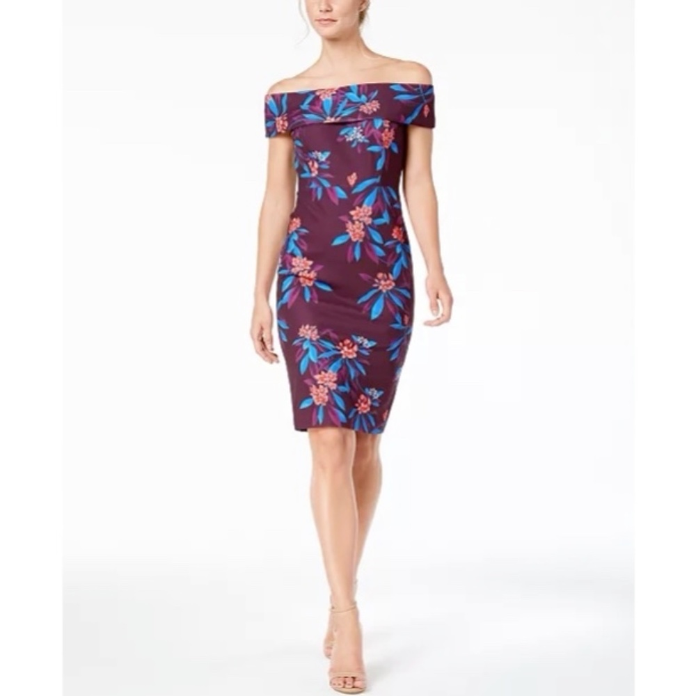 Calvin Klein Floral Print Off The Shoulder Scuba Midi Purple Dress, Size…